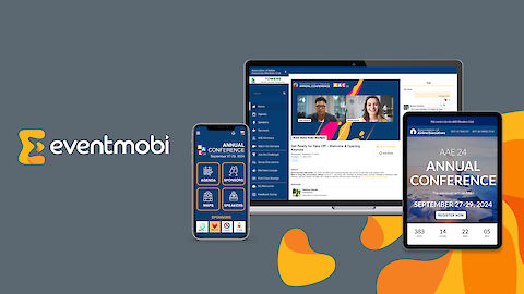 Logo EventMobi und verschiedene Displays in unterschiedlichen Größen, die die Aufmachung der Event-Mobi App visualisieren | © EventMobi